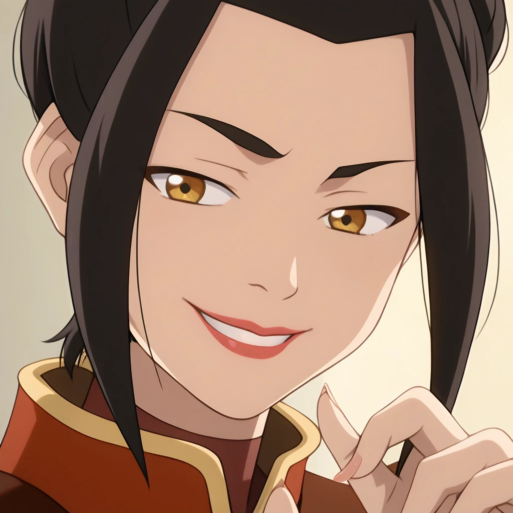 score_9, score_8_up, absurdres, best quality,  anime screencap, anime coloring ,<lora:azula1:1> , azula1, 1girl, looking at viewer, smile, black hair, long sleeves, standing, full body, azula \(avatar\), yellow eyes, boots, brown footwear, chinese clothes, single hair bun, topknot, capelet, fingernails, grin, lips, lipstick, short hair, sidelocks, uniform, (close-up:1.2)