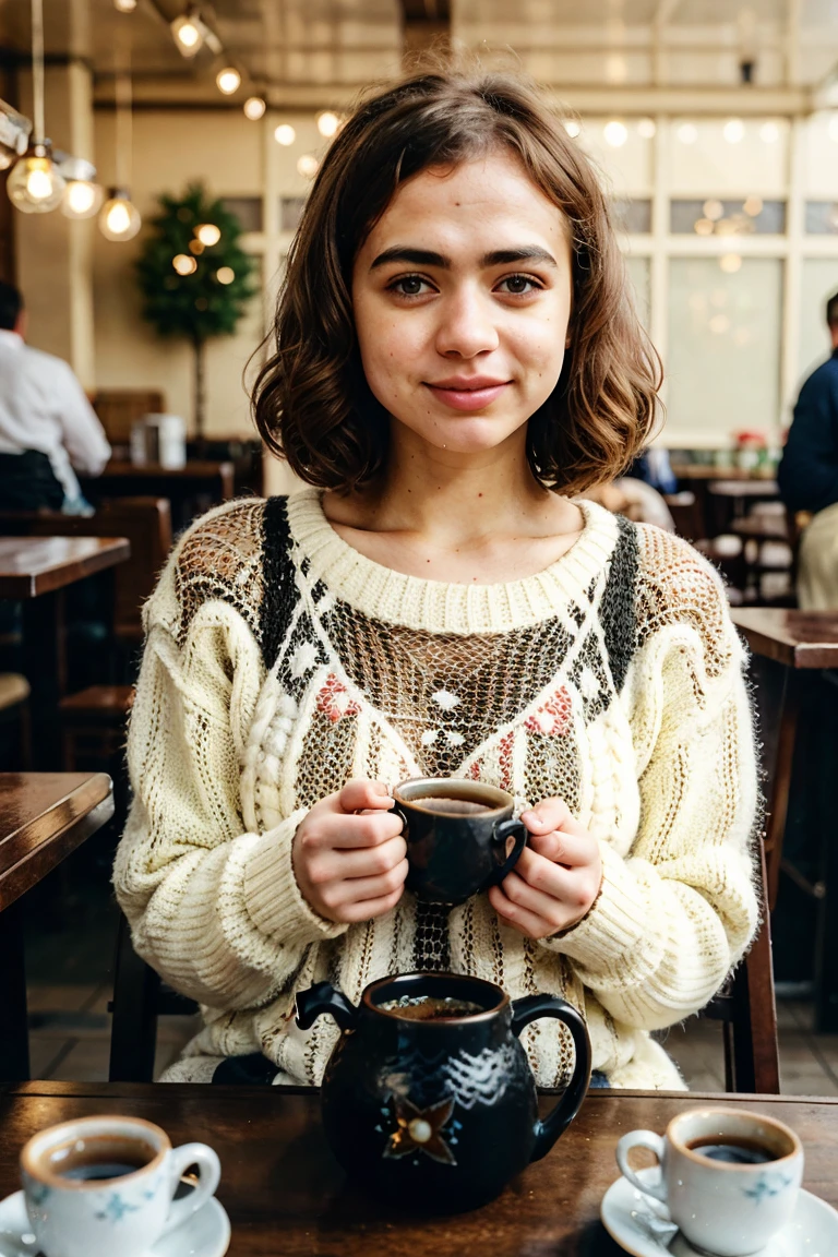 tv_Solomiya_Maievska_M_v2, , , wearing a cozy knitted sweater, sitting in a café, holding a steaming mug with both hands, happy expression,, 8k resolution, highres, high detail, sharp focus, detailed skin, 8k uhd,