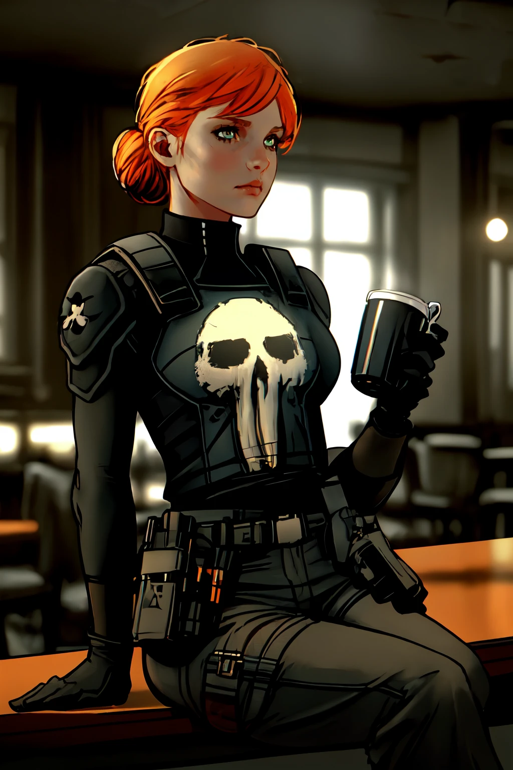 beautiful eyes, beautiful girl, cute girl, high detail skin, high detail eyes, high detail hair, highres, ultra detailed, sharpen picture, Highly detailed, masterpiece, best quality, photorealistic,
<lora:Punisher Rachel Cole-AlvesLora:0.7>1girl, short hair, hair bun, skull, top with skull print, gloves, top, belt, pants, thigh holster, pouch, sitting in a bar, holding a cup of tea, gun on table, dark, moody light
exposure blend, medium shot, bokeh, (hdr:1.4), high contrast, (cinematic, orange and white film), (muted colors, dim colors, soothing tones:1.3), low saturation, (hyperdetailed:1.2), (noir:0.4)