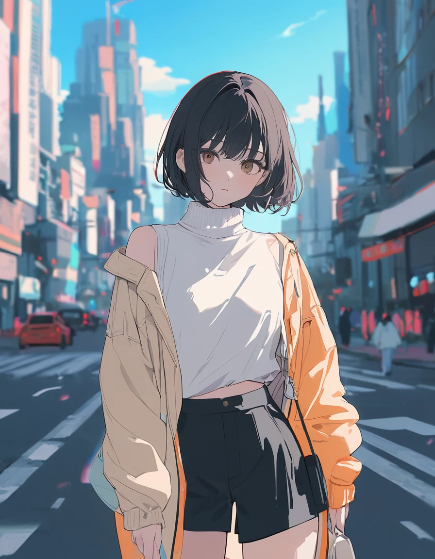 (masterpiece, best quality:1.3), very aesthetic, flat color illustration of 1girl, fashionable, street outfit, looking at viewer, black short hair, brown eyes, blue sky, cloud, skyscraper, cowboy shot, depth of field, Magnificent view, chromatic aberration, dreamy atmosphere, newest,