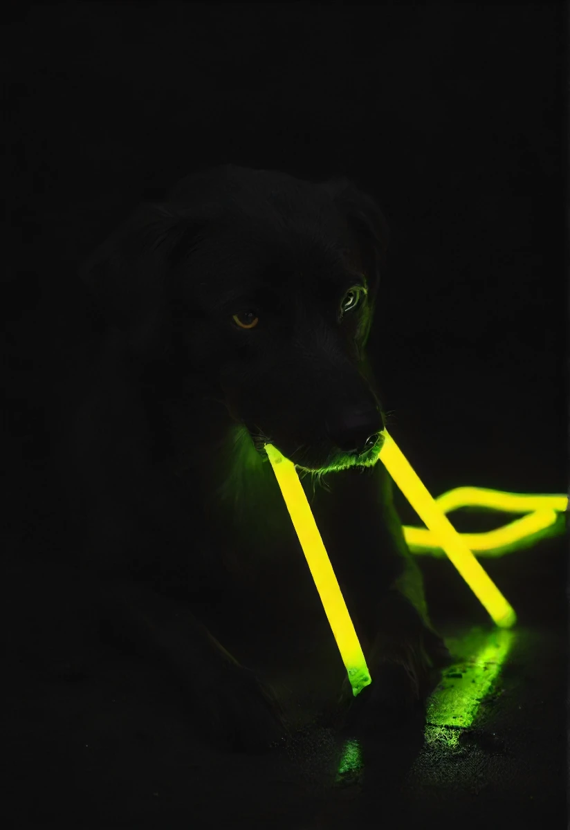 a dark dog veiled in shadows is chewing a broken yellow glowing neon glow-stick, leaking glowing fluid substance, messy, dark background. <lora:- SDXL - vant_blk_contrast_V2.0:0.8>