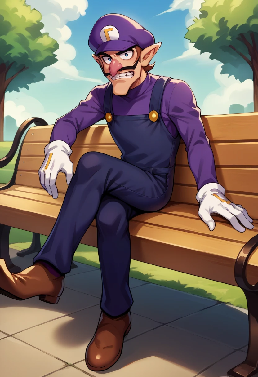 score_9, score_8_up, source_anime, 1boy, solo, Waluigi, mustache, teeth, pointy ears, brown hair, hat, purple headwear, purple shirt, long sleeves, overalls, white gloves, brown shoes, outdoors, on bench, crossed legs, long legs, <lora:ChamWaluigiPonyXL:1>