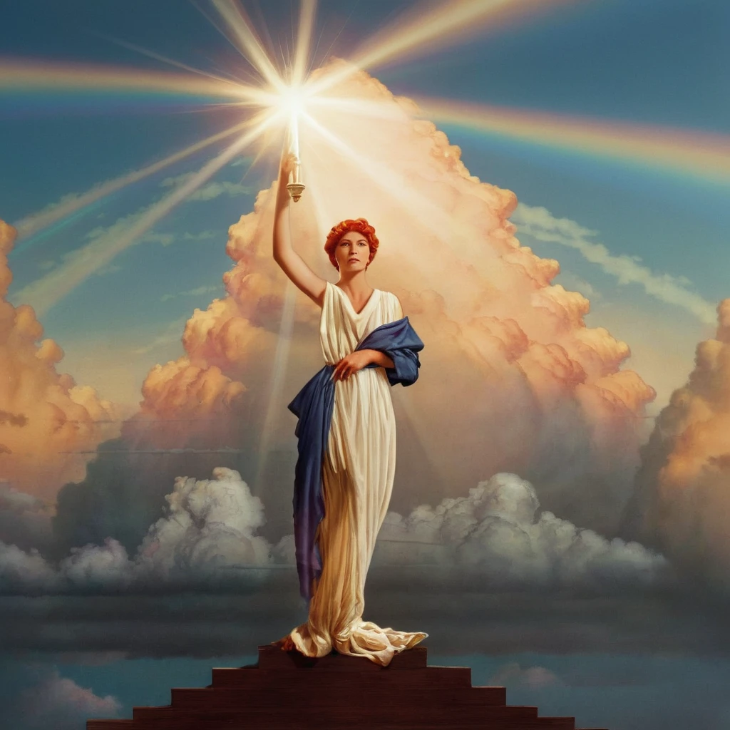 cinematic film still of  <lora:Columbia picture model:1>
Jenny Joseph columbia picture model a 3d woman holding a bright light emitting torch in her hand up in sky,1girl,solo,dress,standing,full body,red hair,sky,cloud,white dress,arm up,sunlight,lens flare,light rays,sun,sunbeam,rainbow,fine art parody , realistic, sharp, detailed, classic, model, modeling, god ray light in sky, photography, artistic, Columbia picture style, shallow depth of field, vignette, highly detailed, high budget, bokeh, cinemascope, moody, epic, gorgeous, film grain, grainy