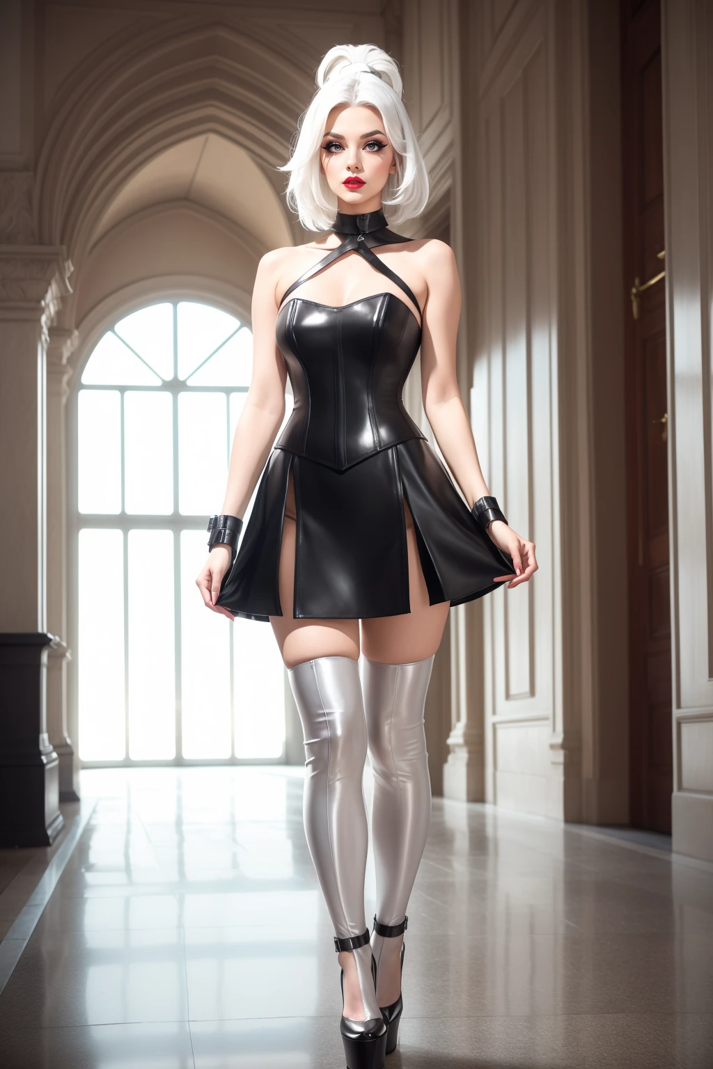 adult beautiful woman, a30n, bright :1.4 shiny rubber corset,   eyeliner, eyeshadow, makeup, ((lip liner))  [white hair] clothing cutout  high quality, best quality, highres, high detail,  <lora:AFC-46:0.65> sleeveless, choker, skirt, grand hall, full body, platform heels,