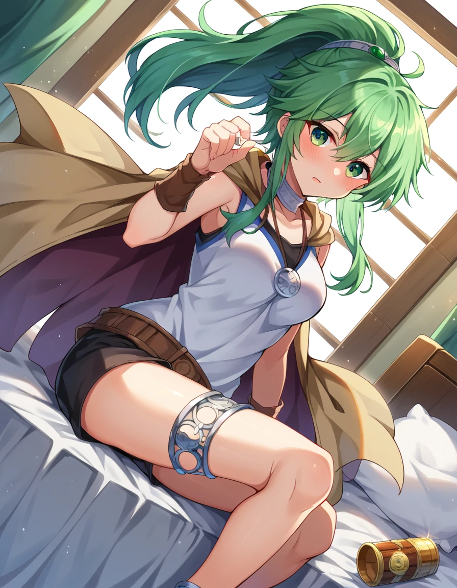 score_9, score_8_up, score_7_up, source_anime,
windapriestessofgusto, <lora:winda-priestess-of-gusto-ponyxl-lora-nochekaiser:1>,
winda priestess of gusto, green eyes, green hair, long hair, ponytail,
choker, cape, brown cape, jewelry, pendant, anklet, black shorts, collarbone, shirt, short shorts, shorts, sleeveless, sleeveless shirt, thighlet, white shirt,
indoors, bed, bed room, on side, blush, drunk,
looking at viewer, cowboy shot, dutch angle,