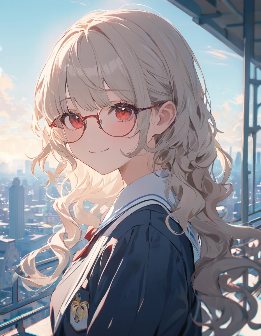 (masterpiece, best quality:1.3), very aesthetic, clean color illustration of 1girl, school uniform, looking at viewer, boston eyewear, soft smile, white wavy hair, red eyes, blue sky, cloud, city scape, handrail, sunlight, cowboy shot, depth of field, Magnificent view, chromatic aberration, dreamy atmosphere, newest,