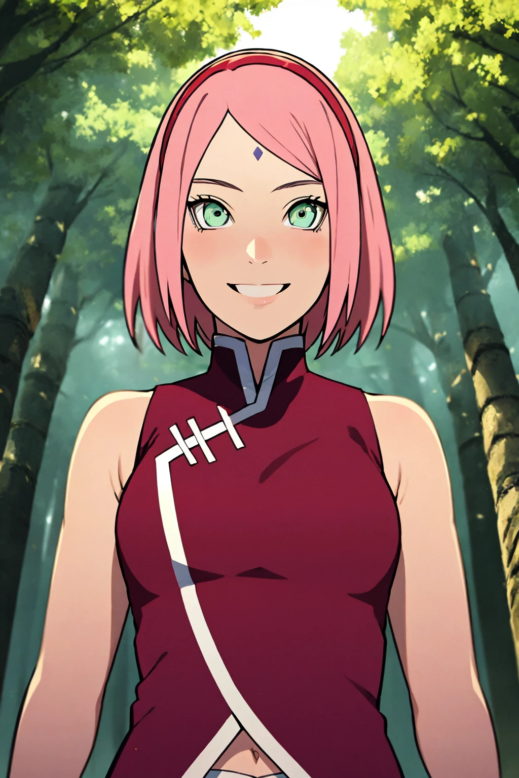 masterpiece, best quality,
1girl, haruno sakura, pink hair, short hair, green eyes, hairband, forehead mark, red sleeveless dress, navel, white pants,
upper body, smile, looking at viewer, trees, forest background   <lora:SakuraBoruto:1>