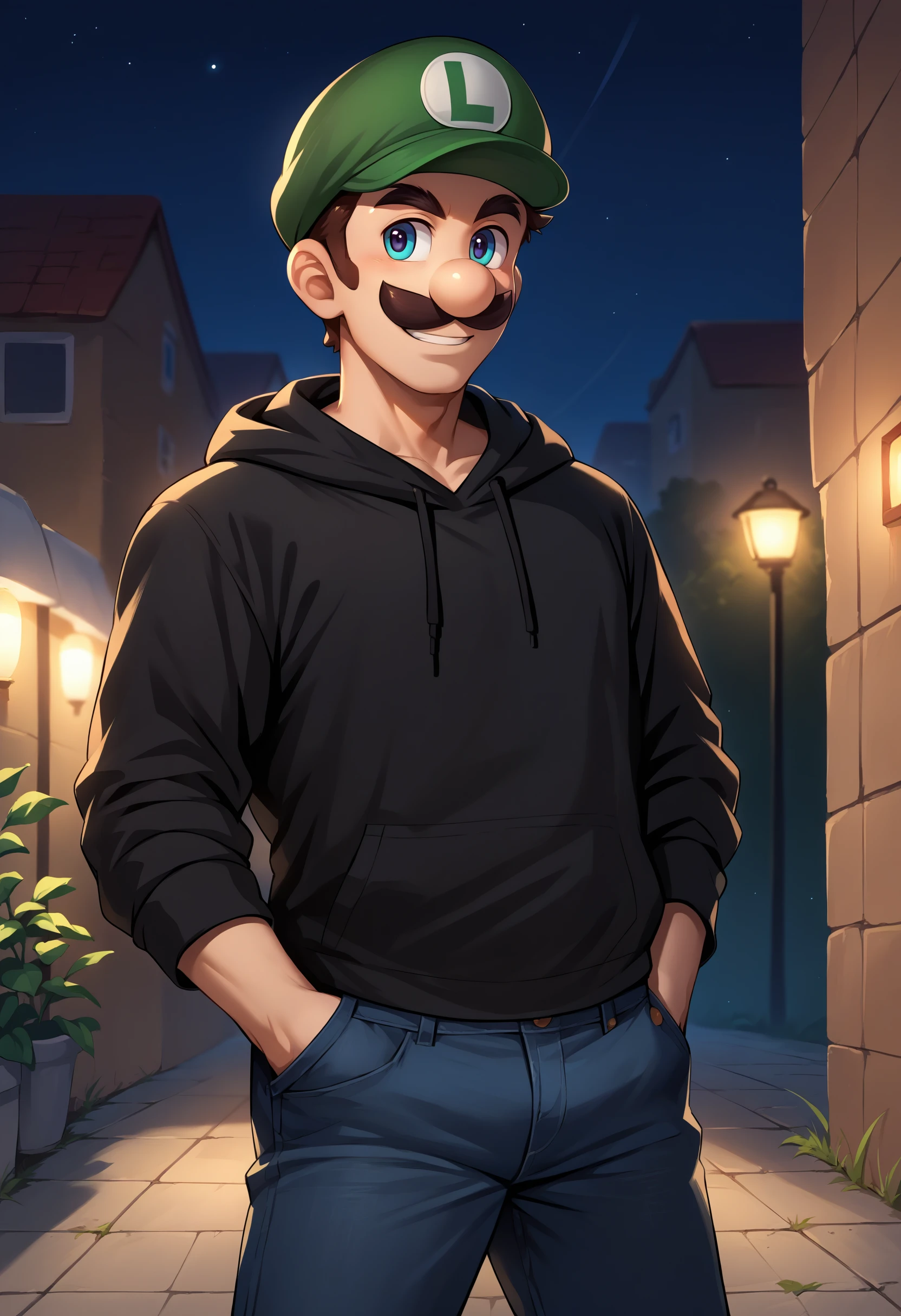 score_9, score_8_up, score_7_up, source_anime, 1boy, solo, male focus, Incrsluigi, luigi, green headwear, cowboy shot, smile, <lora:Luigi_XLPD:1>, black hoodie, jeans, outdoors, night, hands in pockets,