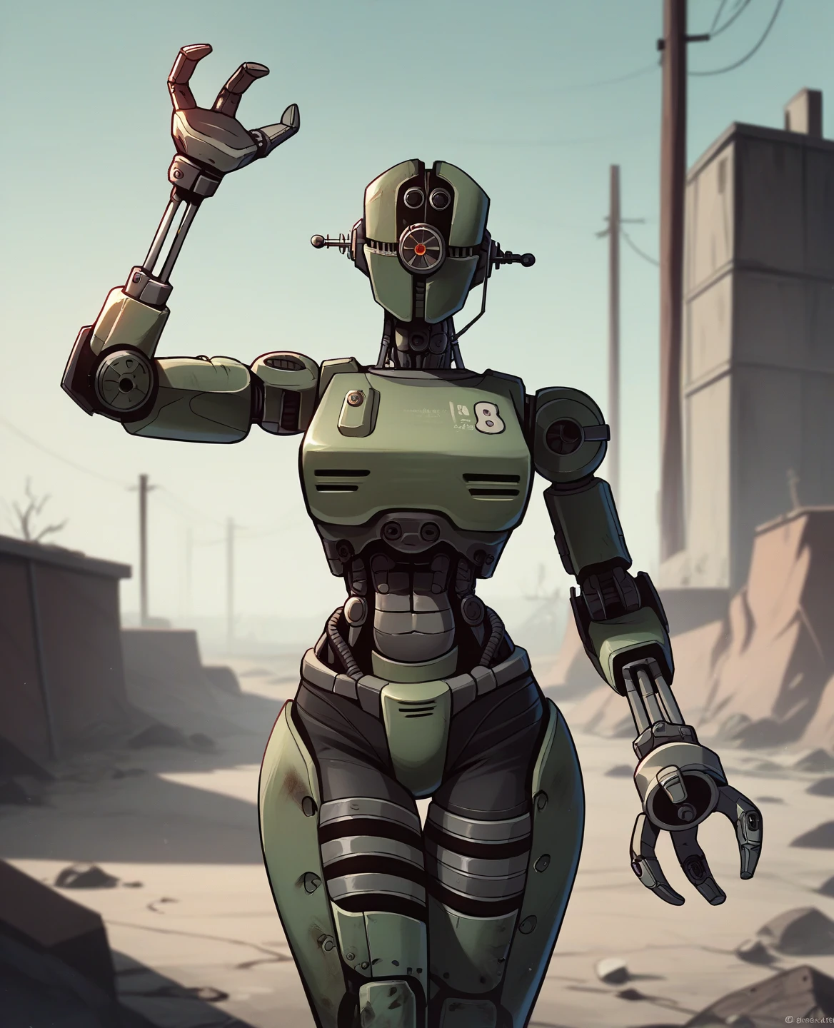 score_9, score_8_up, score_7_up, score_6_up, score_5_up, source_furry, assaultron, fallout, 1girl, solo, breasts, looking at viewer, robot, humanoid robot, robot joints, one-eyed, joints, no humans, green skin, mechanical arms, crotch plate, science fiction, post-apocalypse, outside, green armor, robotic hand, 3 fingers
<lora:assaultron_pdxl_:0.8>