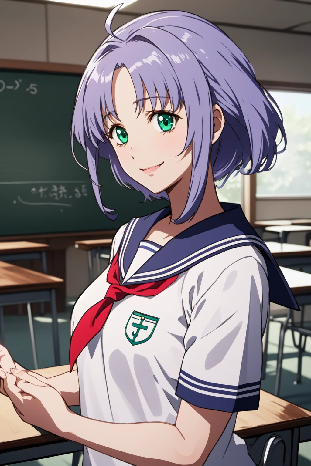 (RAW photo, best quality), 1girl,  natural lighting
 <lora:srw_mitsuko_isurugi_v1_2-000005:1>, srw_mitsuko,  smile, sailor shirt, school, classroom,