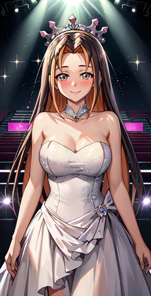 Summer, 1girl, solo, looking at viewer, smile, blushing, strapless sparkling glitter dress, tiara on head, stage, (stage lights  background), perfect quality, good quality, masterpiece, HDR, UHD <lora:Summer-000003:0.7>