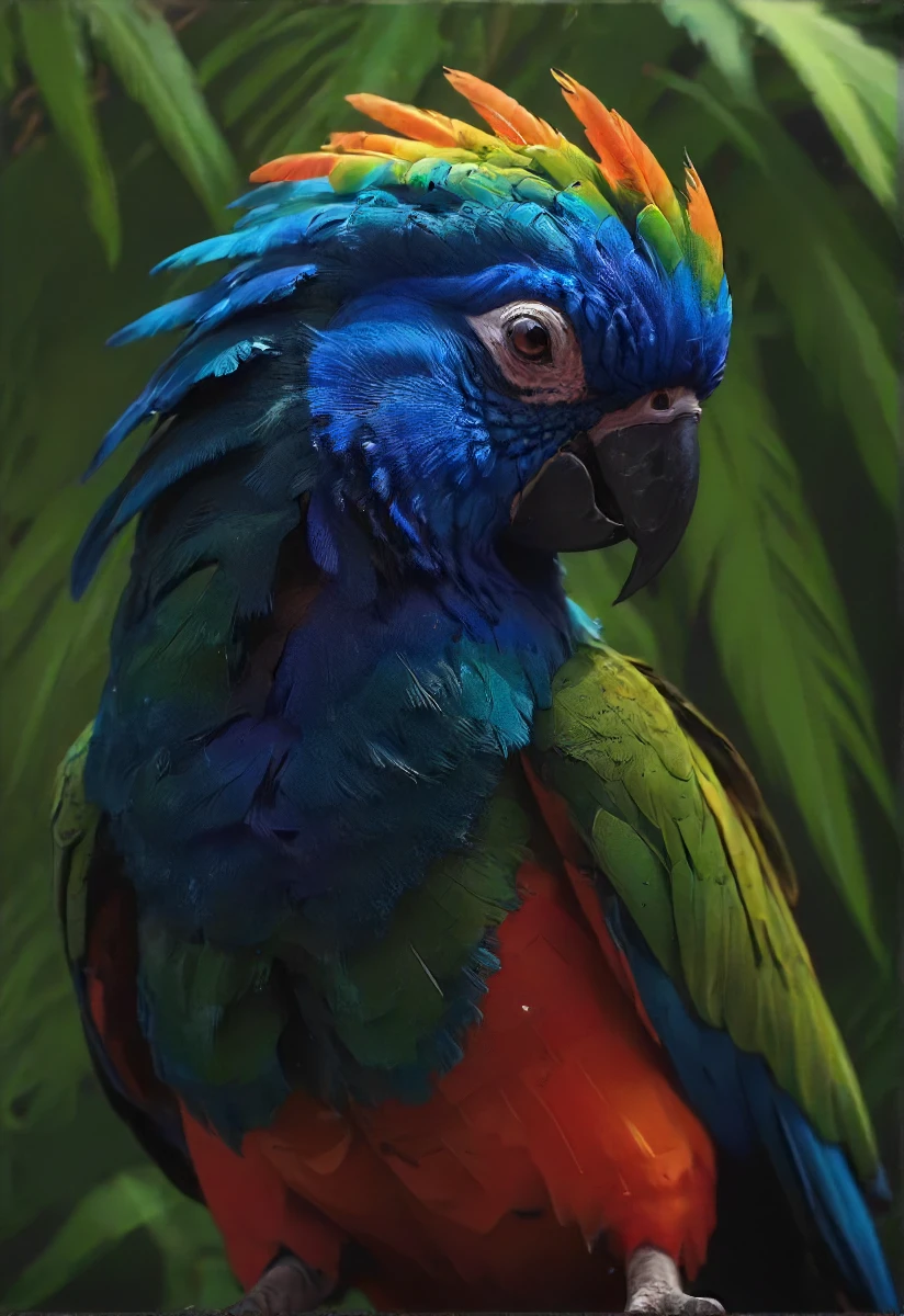 colorful neon parrot-peacock, playful, naughty, (spread wing:1.1), backlight, flight, (ruffed feathers:1.2), dawn, dew, jungle rave, rain, windy storm, dark, calm, slumber incoming, back-light, silhouette, filigree shadows, <lora:SDXL - Style - EldritchRomanceIllustration_0.9.1:0.7>, <lora:XL_boss_battle:0.2>, <lora:- SDXL - vant_blk_contrast_V2.0:1>