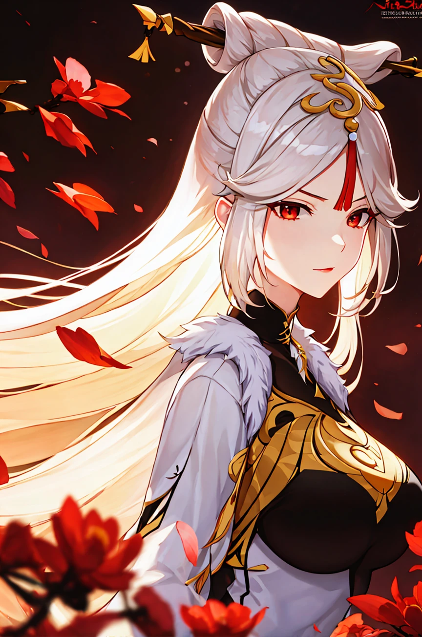 ningguang,upper body, solo focus, mysterious, Extremely gorgeous metal style, girl,woman,female, absurdly long hair, surreal, intricate light, Flying red petals, absurdres, highres, very fine 8KCG wallpapers, large breasts, <lora:[LoRA] Moonriver æå· Concept (With dropout & noise version):0.5>,  white hair,   <lora:ningguang:1>,
