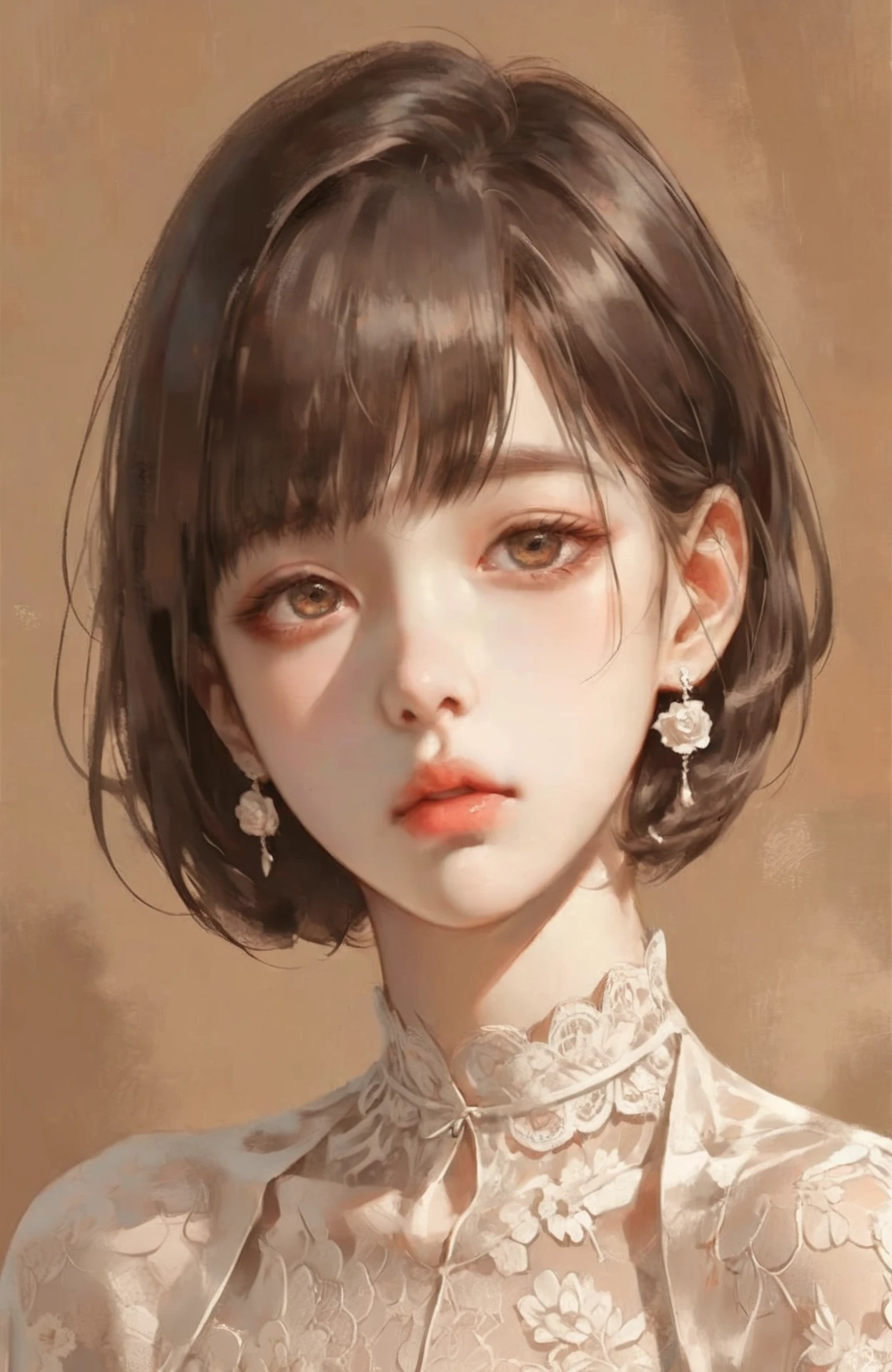 <lora:ThickCloseUP-000020:0.7>,masterpiece,best quality,thick painted style,close-up,Female anime character,bob cut hairstyle,floral lace garment,holding lace fabric,delicate earring,blushed cheeks,large expressive eyes,small lips,slight pout,digital art,warm color tones,fine details,texture contrast,soft shading,vertical format,emotional expression,artistic illustration,high image quality,