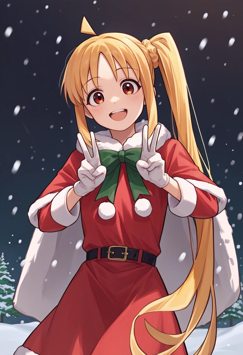 score_9, score_8_up, score_7_up, source_anime, solo, 1girl, ijichi nijika, happy, looking at viewer, double v, ahoge, side ponytail, christmas, fur-trimmed dress, red dress, long sleeves, white gloves, fur-trimmed cape, snowing, outdoors <lora:bocchi_nijikaijichi_ponyXL:1>