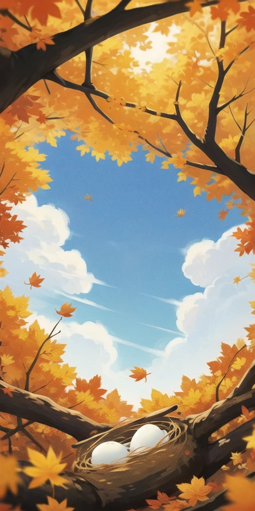 (Best quality,masterpiece:1.2), <lora:NewFlat2-000014:0.5>,Art\(Illustration\), season\(autumn\), warm colors, no humans, branch, texture, outdoors, maple, maple leaf, falling leaves, leaf, autumn leaves, sky, tree, scenery, cloud, day, autumn, nest, eggs, blue sky, blurry foreground, blurry, nature, sunlight, reflection, depth of field, orange theme