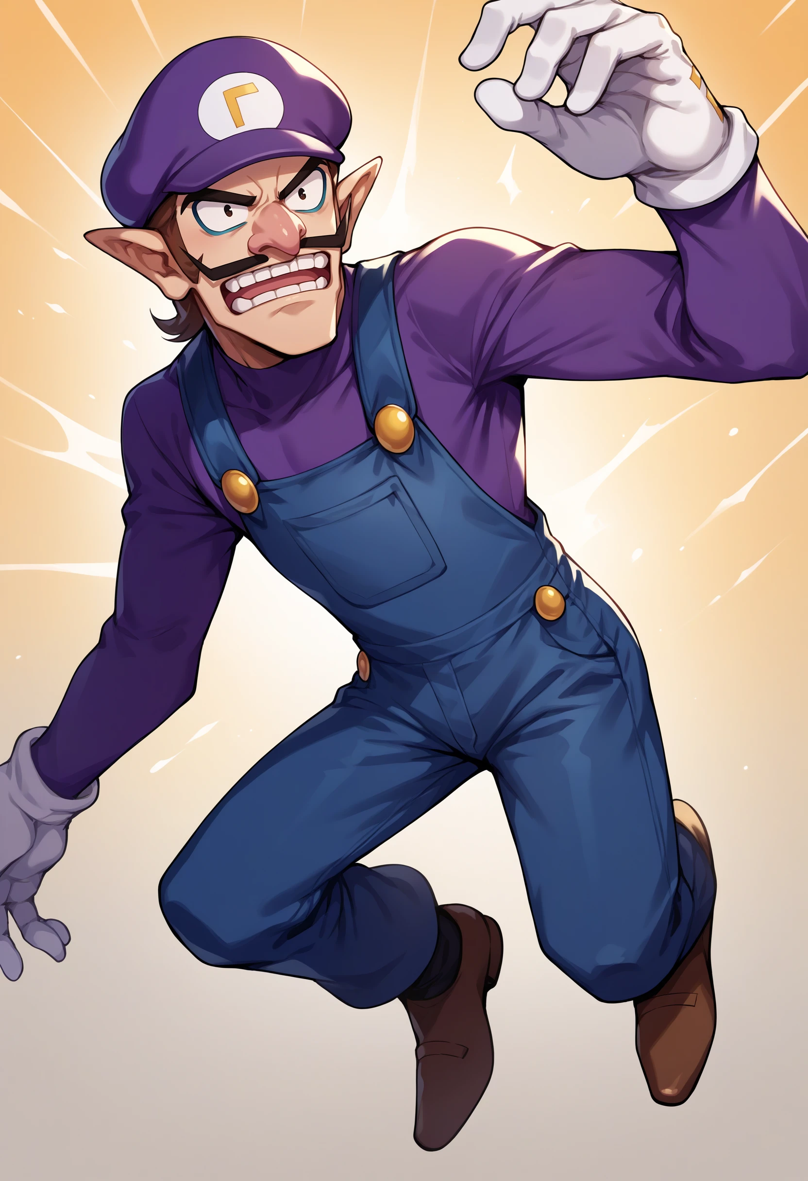 score_9, score_8_up, source_anime, 1boy, solo, Waluigi, mustache, teeth, pointy ears, brown hair, hat, purple headwear, purple shirt, long sleeves, overalls, white gloves, brown shoes, dynamic pose, <lora:ChamWaluigiPonyXL:1>