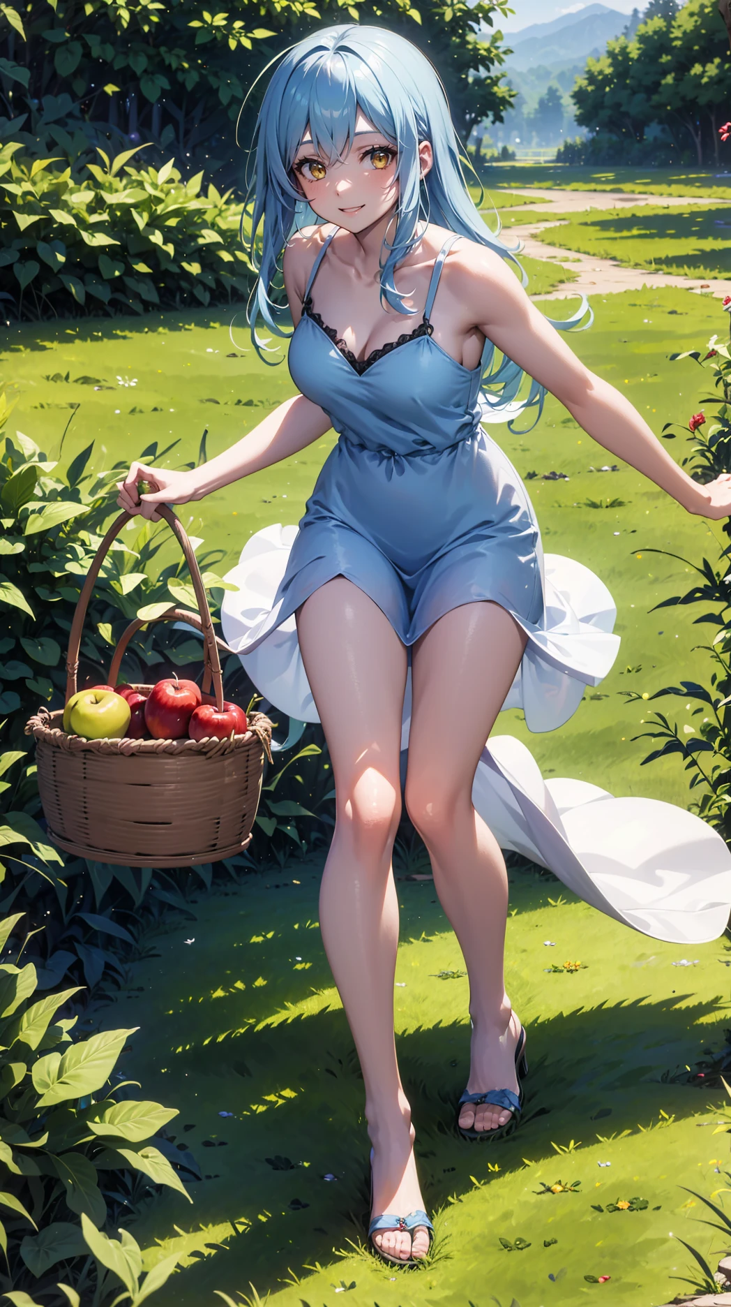 (masterpiece, best quality),ray tracing,absurdres, HDR,1girl,jewelry,, bangs,rimuru tempest,light blue hair, yellow eyes,blue dress, long hair,sandals, breats,smile, holding apple, basket, hill, field, village, looking at viewer , ,<lora:sandals_v2:0.8> <lora:rimuru female:0.8>