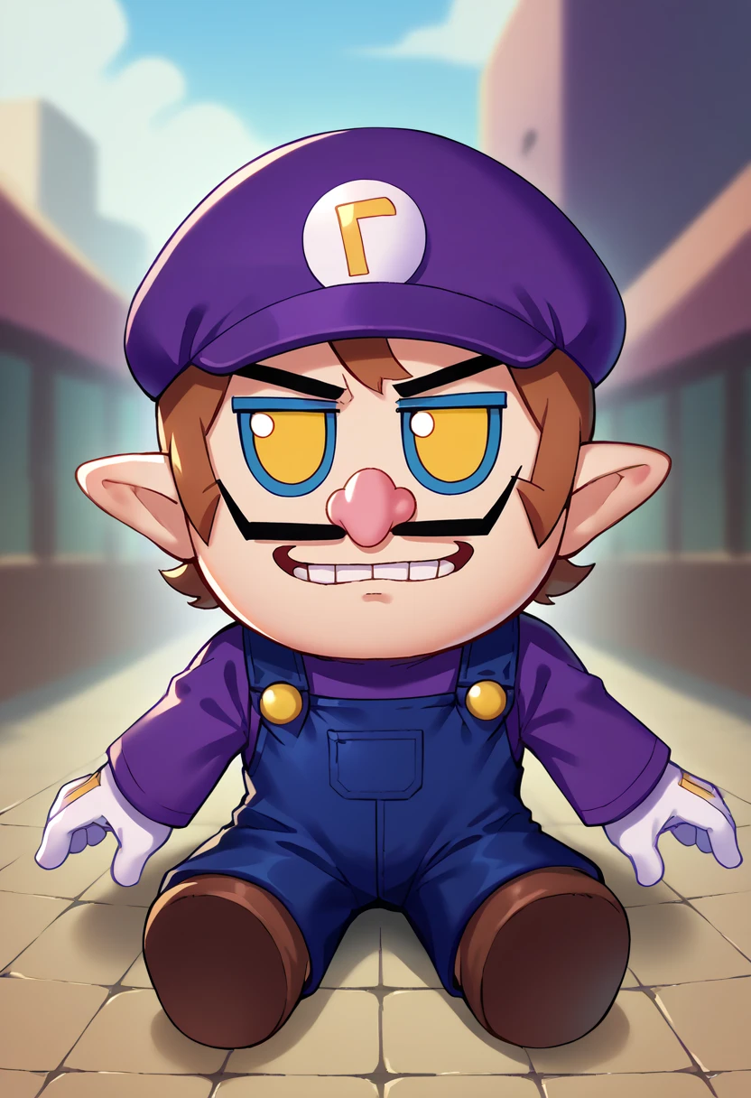 score_9, score_8_up, source_anime, 1boy, solo, Waluigi, mustache, teeth, pointy ears, brown hair, hat, purple headwear, purple shirt, long sleeves, overalls, white gloves, brown shoes, fumo \(doll\), chibi, sitting, <lora:ChamWaluigiPonyXL:1>, <lora:style_toyfumo_ponyXL:1>