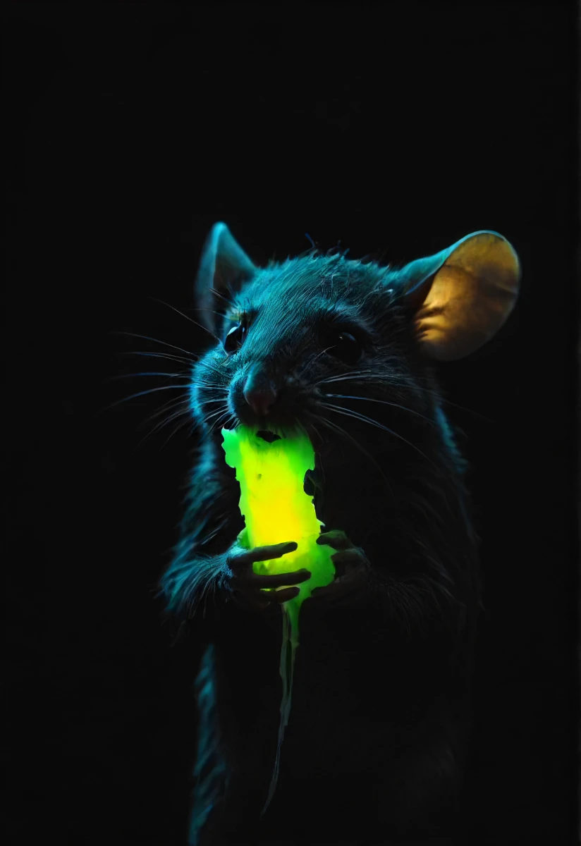 a dark mouse veiled in shadows is chewing a broken yellow glowing neon glow-stick cheese, leaking glowing fluid substance, neon colored glowing, drool, messy glowing (fur strands:1.1) made out of green glowing (neon fiber:1.1), dark background. <lora:- SDXL - vant_blk_contrast_V2.0:0.8>