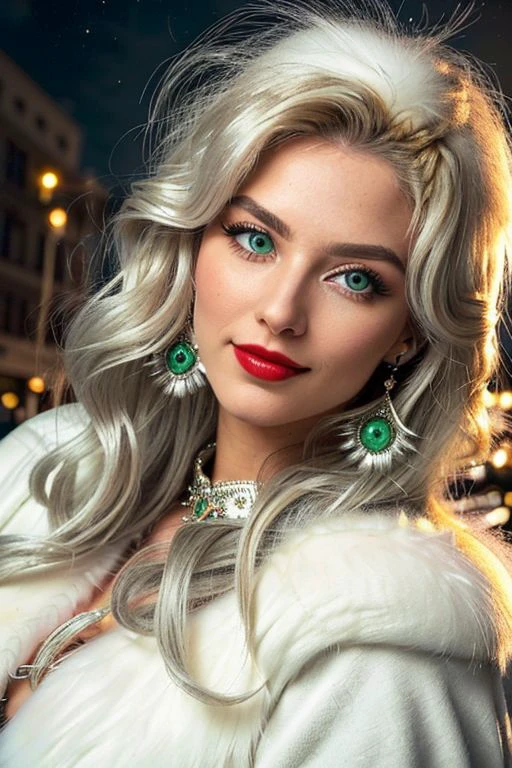 (((full-length image))) of a Woman with long, wavy silver blonde hair and a heavy makeup look, including fake lashes, winged eyeliner, and filled in brows, wearing an (extremely fluffy:1.5) cropped sweater, smiling and looking at the camera, showing well-arranged white teeth, vibrant red lipstick on lips, green eyes, 
realistic, detailed facial features, highly detailed face, ((universe, mothership,  passionate kiss)), (high quality:1.3), (best quality:1.3), (masterpiece:1.3), whimsical vibes, (detailed:1.05), (extremely detailed:1.06),sharp focus, (intricate:1.03), (extremely intricate:1.04), high contrast, soft cinematic light, soothing tones, hdr, (perfect eyes:1.1),