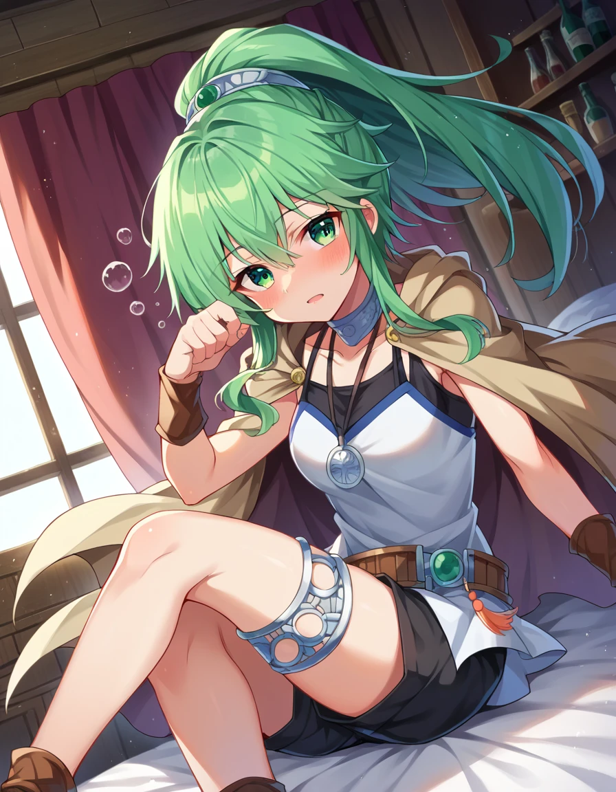 score_9, score_8_up, score_7_up, source_anime,
windapriestessofgusto, <lora:winda-priestess-of-gusto-ponyxl-lora-nochekaiser:1>,
winda priestess of gusto, green eyes, green hair, long hair, ponytail,
choker, cape, brown cape, jewelry, pendant, anklet, black shorts, collarbone, shirt, short shorts, shorts, sleeveless, sleeveless shirt, thighlet, white shirt,
indoors, bed, bed room, on side, blush, drunk,
looking at viewer, cowboy shot, dutch angle,