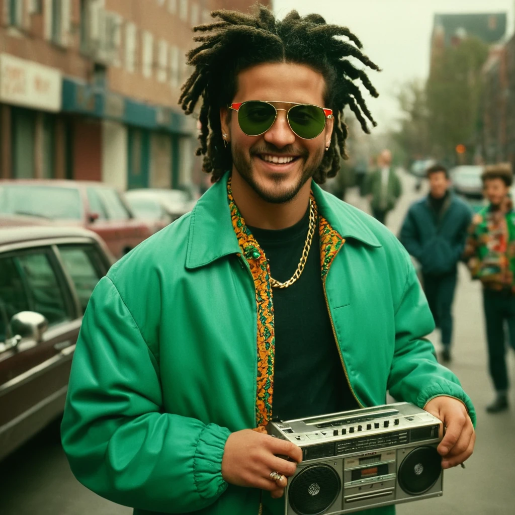 cinematic film still of <lora:1990's style:1>
In the 1990's a man in a colorful jacket holding a boombox,solo,smile,black hair,1boy,holding,jacket,upper body,male focus,teeth,grin,headband,facial hair,sunglasses,beard,zipper,curly hair,green jacket,realistic,multicolored jacket,dreadlocks , realistic,realism, detailed, perfection,perfect,filmic,retro,vintage,classic,different haircut,different look,different style,different people, 1990's style , 1990 style, shallow depth of field, vignette, highly detailed, high budget, bokeh, cinemascope, moody, epic, gorgeous, film grain, grainy