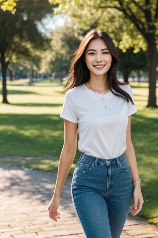 real, (realistic), super detailed, (4k), 8k, 21 year old woman walking in a city park, smiling
