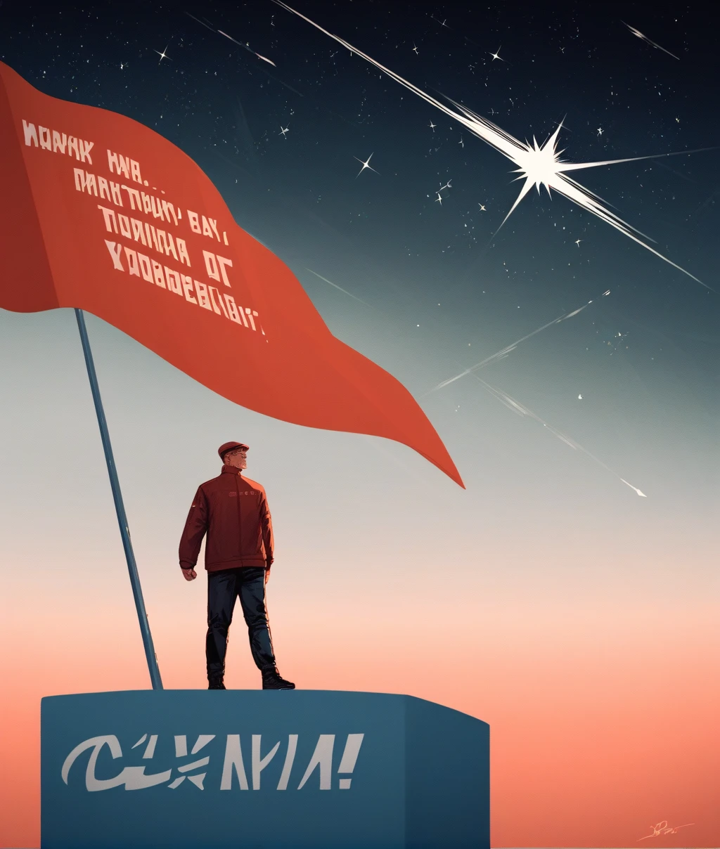 score_9, score_8_up, score_7_up BREAK
1boy, solo, star \(sky\), flag, space, universe,
planet, spacecraft, (russian text:1.5),
(red:1.5), red monochrome,
CCCPposter, <lora:CCCPposter-ponyXL:0.8>,