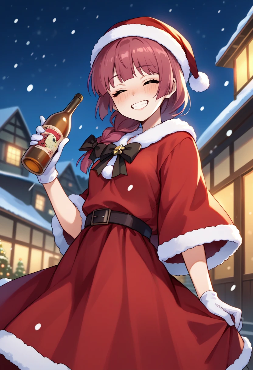 score_9, score_8_up, score_7_up, source_anime, solo, 1girl, hiroi kikuri, grin, looking at viewer, standing, holding alcohol, drunk, single braid, hair over shoulder, hair bow, closed eyes, christmas, fur-trimmed dress, red dress, red capelet, white gloves, snowing, outdoors <lora:bocchi_hiroi_ponyXL:1>