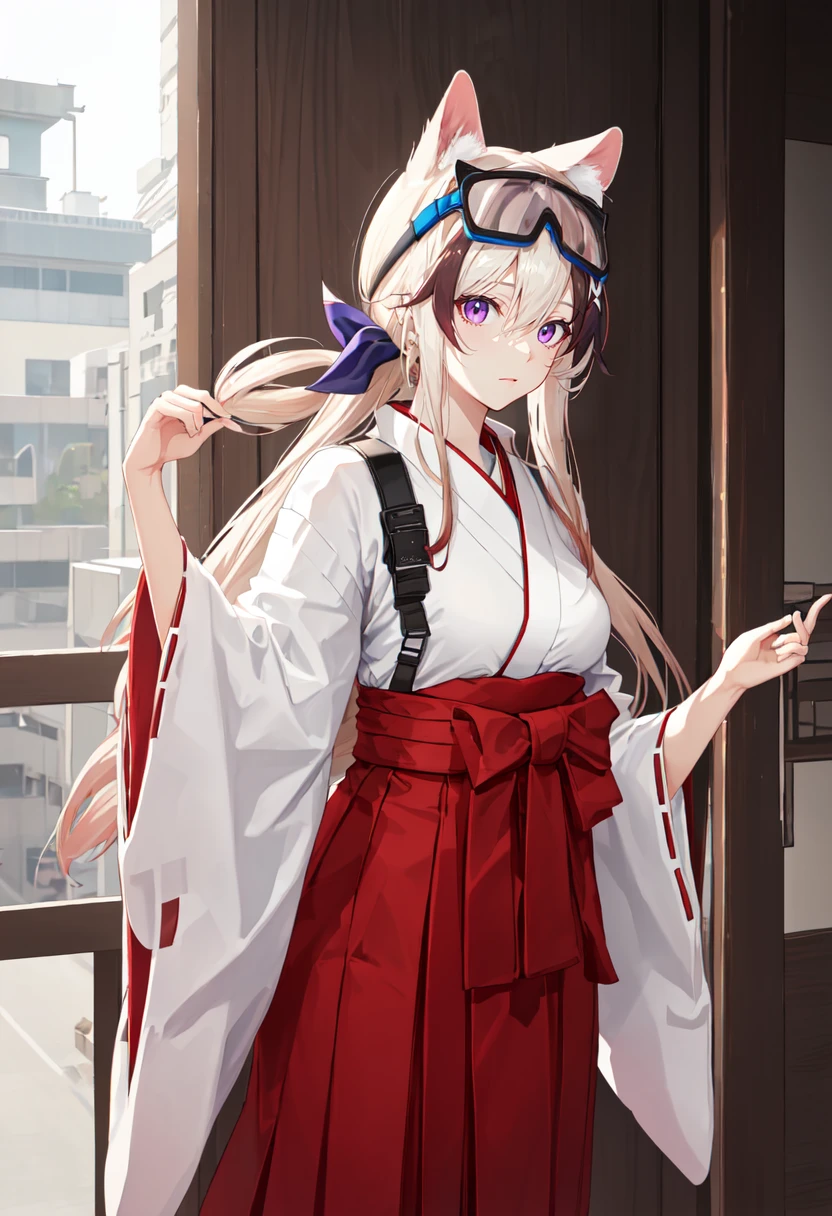 best quality, masterpiece, highres, solo, (cardigan_arknights:1.10), (white kimono:1.35), (red hakama:1.35), (wide sleeves:1.20), 15 <lora:cardigan_arknights:0.80>