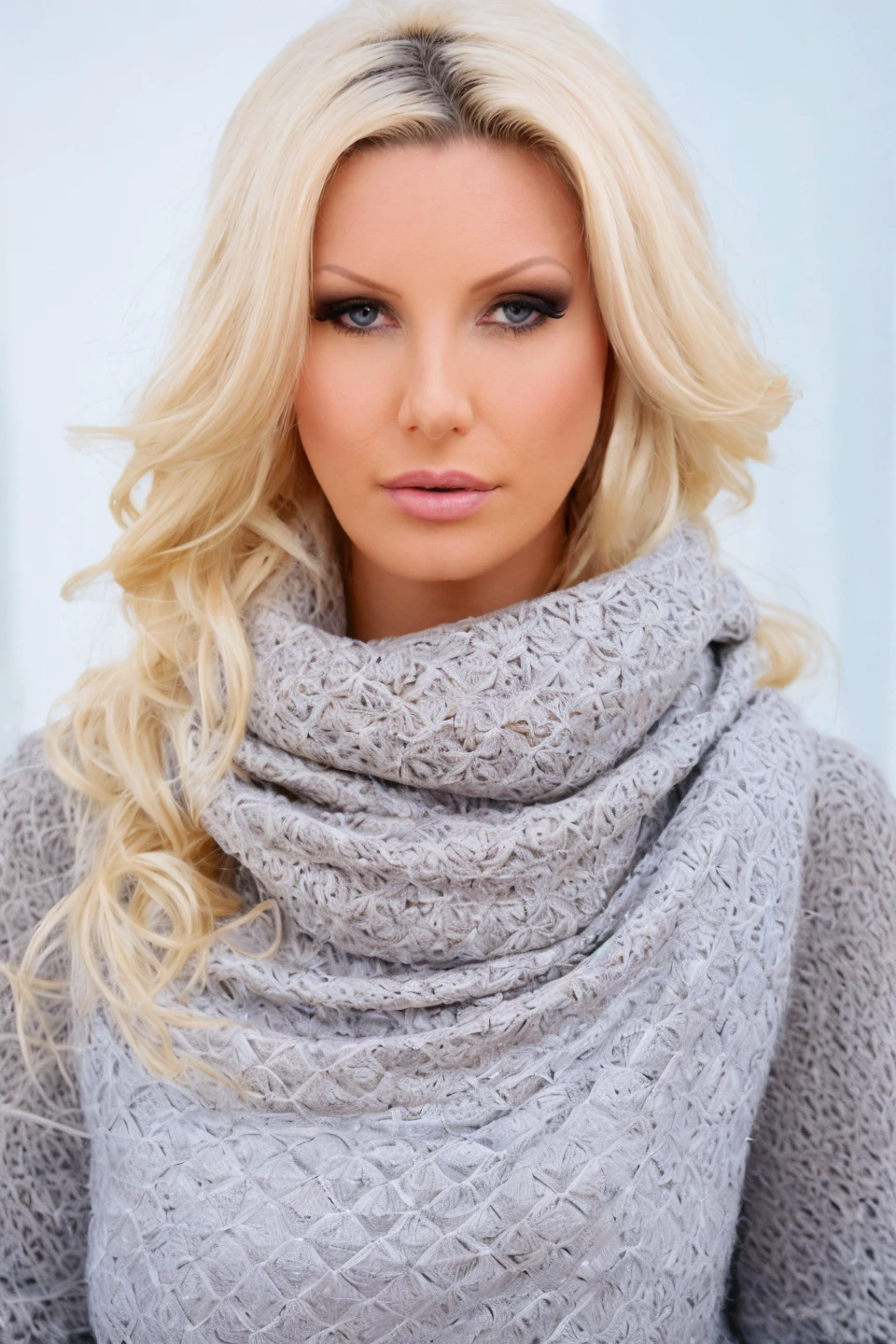 cinematic photo professional photography, uhd, 4k, ultrasharp, Brittany Andrews <lora:Brittany_Andrews:0.97> posing in a grey wool sweatshirt and a white scarf on a sunny day in a beautiful garden, ((close shot, headshot:1.1, portrait:1.2)), detailed skin texture, (blush:0.5), (goosebumps:0.5), subsurface scattering, 35mm photograph, film, bokeh, professional, 4k, highly detailed