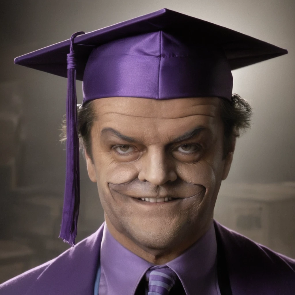 Horror-themed,  <lora:joker 89:1>
Jack Nicholson gangster2 a man in a purple graduation artist cap3 and tie,solo,looking at viewer,smile,shirt,1boy,brown eyes,male focus,necktie,teeth,collared shirt,portrait,realistic,bandana,manly , realistic, sharp, detailed, classic, 1980's, photography, artistic, gotham city, crazy, Eerie, unsettling, dark, spooky, suspenseful, grim, highly detailed