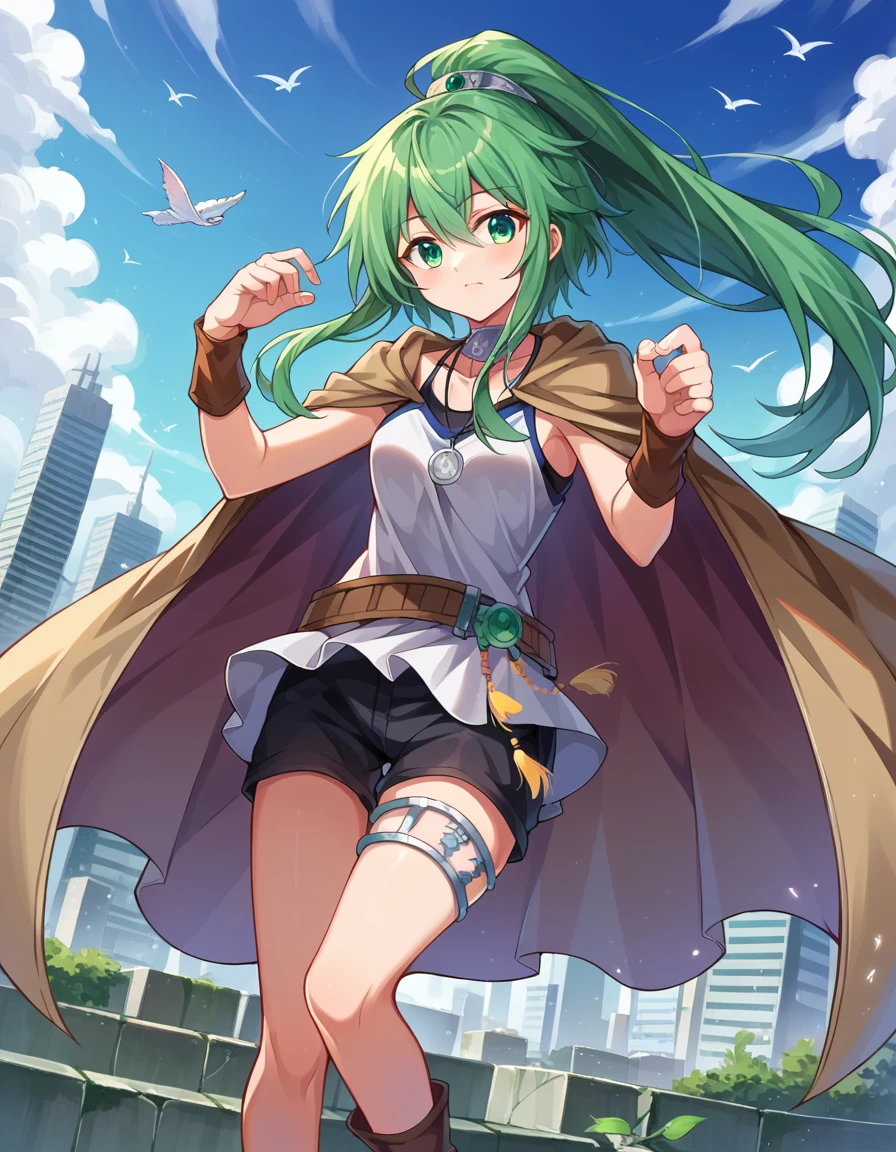 score_9, score_8_up, score_7_up, source_anime,
windapriestessofgusto, <lora:winda-priestess-of-gusto-ponyxl-lora-nochekaiser:1>,
winda priestess of gusto, green eyes, green hair, long hair, ponytail,
choker, cape, brown cape, jewelry, pendant, anklet, black shorts, collarbone, shirt, short shorts, shorts, sleeveless, sleeveless shirt, thighlet, white shirt,
outdoors, cityscape,
looking at viewer, cowboy shot, dutch angle,