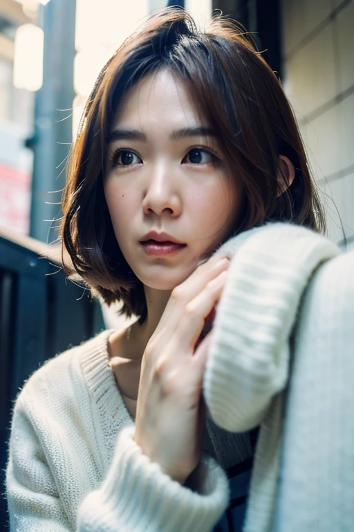 Best quality,masterpiece,ultra high res,photorealistic,1girl,taipei street alley,dynamic pose,face closeup,depth of field,upper_body,<lora:beanbean_sun:1>,