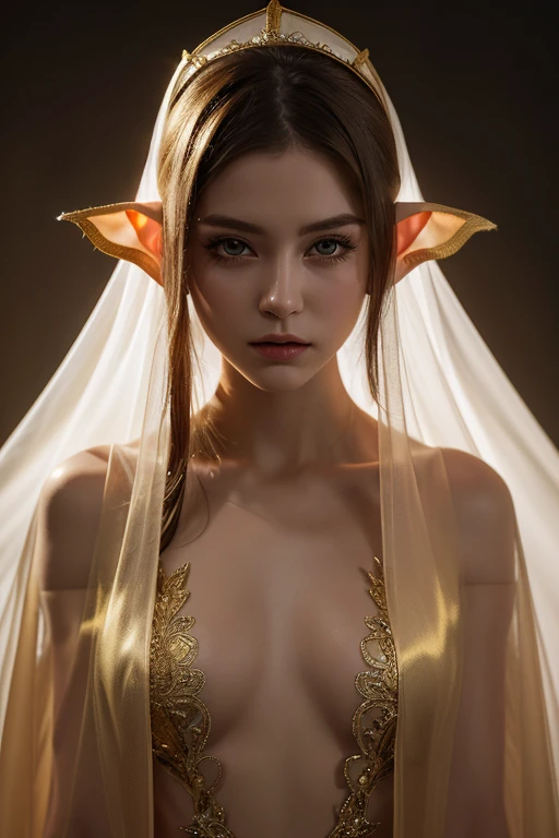 (RAW, professional,masterpiece:1.2), (melancholic:1.2), cinematic lighting, 20 years old, 1girl, elf ears, (transparent golden silk cloak), white blank background night, dark dramatic, Exaggeration, Dark Aesthetic, half body, portrait