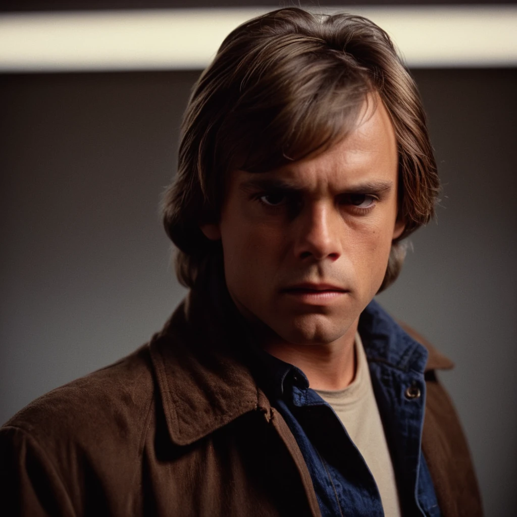 cinematic film still of <lora:1980's style:1>
In the 1980's luke skywalker a man in a jacket looking at a light,solo,brown hair,1boy,upper body,male focus,blood,facial hair,realistic , realistic,realism, detailed, perfection,perfect,filmic,retro,vintage,classic,different haircut,different look,different style,different people, 1980's style , 1980 style, shallow depth of field, vignette, highly detailed, high budget, bokeh, cinemascope, moody, epic, gorgeous, film grain, grainy