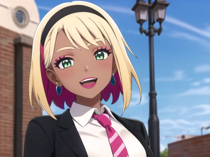 <lora:pokemonswshstyle-08:0.7>  1girl, solo, smile, short hair, open mouth, bangs, blonde hair, shirt, jewelry, school uniform, green eyes, jacket, white shirt, upper body, multicolored hair, hairband, earrings, outdoors, necktie, teeth, tongue, collared shirt, dark skin, open jacket, dark-skinned female, black jacket, eyelashes, makeup, lipstick, red necktie, eyeshadow, alternate hair color, striped necktie, pink eyeshadow