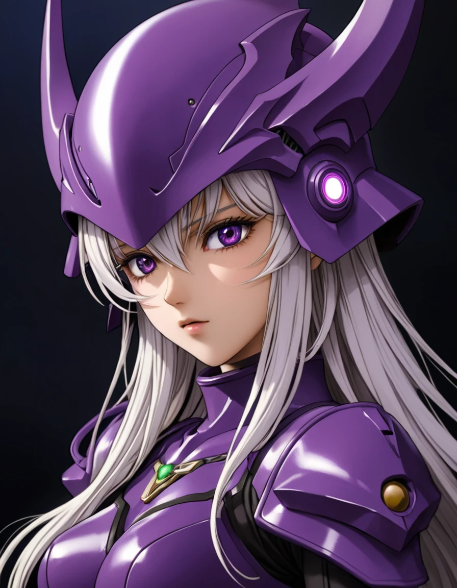 anime artwork beautiful detailed portrait, beautiful woman, long lush white hair, sci-fi warrior, high-tech purple outfit, (sci-fi helmet, eyes covered up:1.2), sharp angles, metal horns, menacing, best quality, extemely detailed . anime style, key visual, vibrant, studio anime, highly detailed