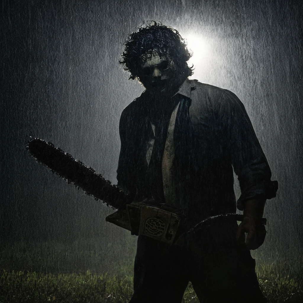 Horror-themed,  <lora:Leatherface:1>
Leatherface a man walking in the rain with a gun,The Texas Chain Saw Massacre style,solo,1boy,hat,holding,standing,weapon,male focus,from behind,holding weapon,gun,night,holding gun,walking,silhouette , realistic, sharp, detailed, classic, 1970's, horror, photography, artistic, perfect chainsaw, crazy, Eerie, unsettling, dark, spooky, suspenseful, grim, highly detailed