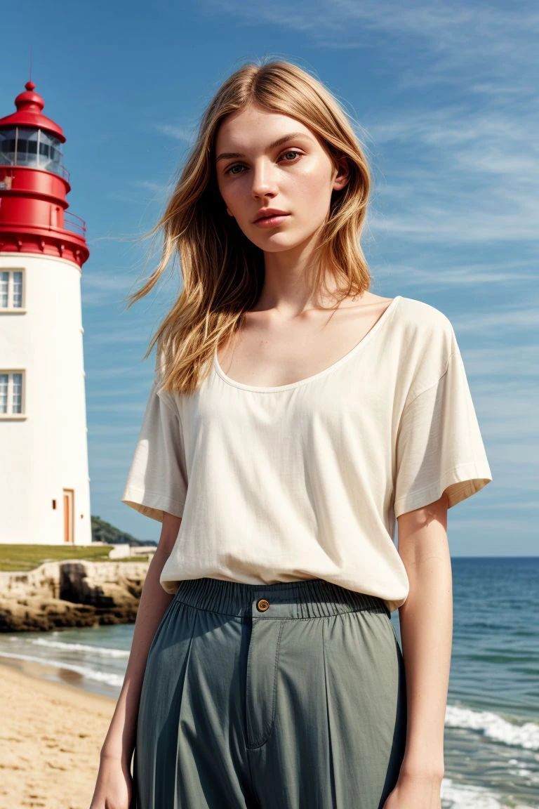 <lora:kawaii7.1.3_obj20:0.75:0.25>, European woman, closeup, sandals, (shirt), pants, (beach lighthouse), ZM_lynn, wide shoulders, perfect face, (contact iris: 1.1), pale skin, skin pores , depth of field