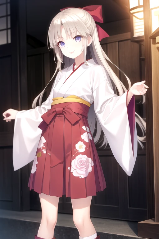 ((masterpiece)),(best quality),official art,extremely detailed CG,unity 8k wallpaper,ultra detailed,beautiful detailed eyes,extremely detailed face,outdoors,1girl,solo,cowboy shot,looking at viewer,facing viewer,smile,(petite:1.2),Otobe Supika,very long hair,white hair,shiny hair,hair intakes,straight hair,hair ribbon,hair bow,red bow,floating hair,sidelocks,parted bangs,purple eyes,floral print,japanese clothes,print kimono,white kimono,white flower,rose,blue hakama,long sleeves,wide sleeves,sleeves past wrists,medium breasts,hakama skirt,high-waist skirt,white socks,high heel boots,<lora:Otobe Supika(tnf):0.9>,