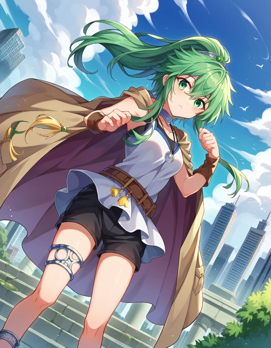 score_9, score_8_up, score_7_up, source_anime,
windapriestessofgusto, <lora:winda-priestess-of-gusto-ponyxl-lora-nochekaiser:1>,
winda priestess of gusto, green eyes, green hair, long hair, ponytail,
choker, cape, brown cape, jewelry, pendant, anklet, black shorts, collarbone, shirt, short shorts, shorts, sleeveless, sleeveless shirt, thighlet, white shirt,
outdoors, cityscape,
looking at viewer, cowboy shot, dutch angle,