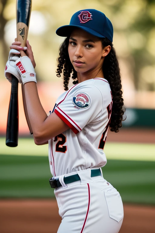 DEN_maia_serena,
(playing baseball and wearing a baseball uniform swinging a bat, baseball uniform, playing baseball, baseball:1.2),
bokeh, f1.4, 40mm, photorealistic, raw, 8k, textured skin, skin pores, intricate details <lora:epi_noiseoffset2:1>, epiCRealism