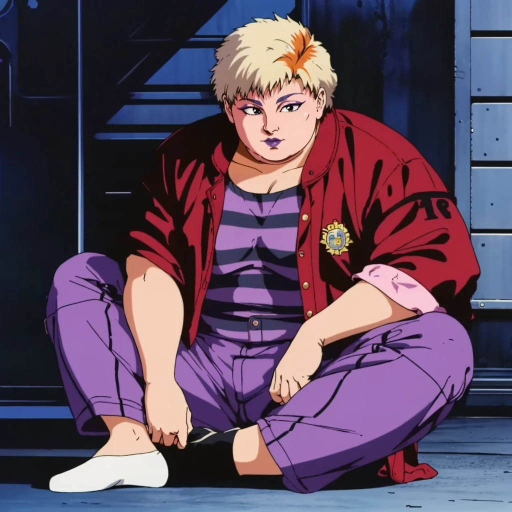 <lora:MZ2Dump001:0.7>,
solo,
MZ2Dump,1girl,multicolored hair,blonde hair,short hair,eyeshadow,black eyes,purple lips,fat,1980s (style),
red jacket,striped shirt,
purple pants,
full body,sitting,