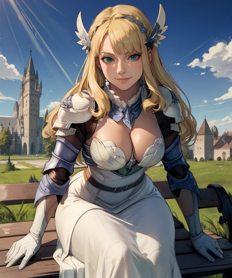 maria,green eyes,blonde hair,
white dress,armor,long skirt,white head ornament,gloves,jewelry,
standing,upper body,   leaning forward,  cleavage,    
light smile,
sitting,
plains,castle,bench,
(insanely detailed,  masterpiece, best quality),solo,<lora:ValkyrieMaria:0.8>,