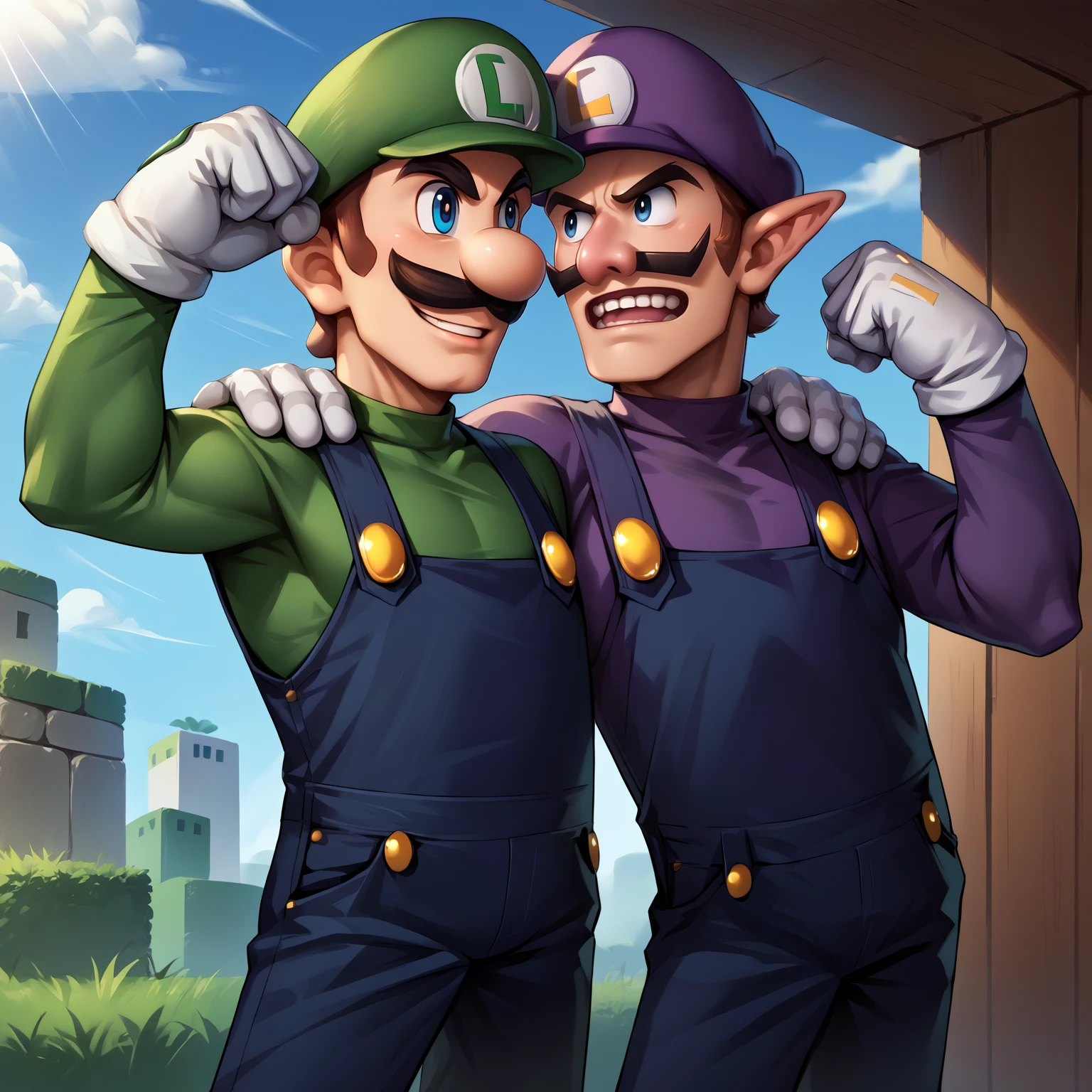 score_9, score_8_up, score_7_up, source_anime, 2boys, muscular, standing, flexing, looking at another, 
BREAK Incrsluigi, luigi, green headwear, smile, <lora:Luigi_XLPD:1>, blue overalls, white gloves, long sleeves, 
BREAK Waluigi, mustache, teeth, pointy ears, brown hair, hat, purple headwear, purple shirt, long sleeves, overalls, white gloves, <lora:ChamWaluigiPonyXL:1>