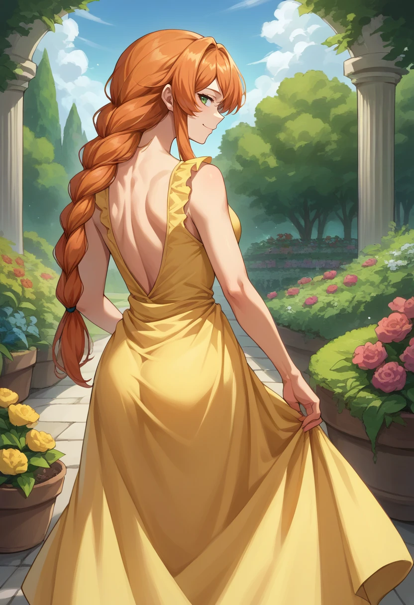 score_9, score_8_up, source_anime, 1girl, solo, FlammeFrieren, orange hair, green eyes, long hair, braided ponytail, from behind, yellow sundress, garden, day, sunshine, smile, looking back, <lora:ChamFlammePonyXL:1>