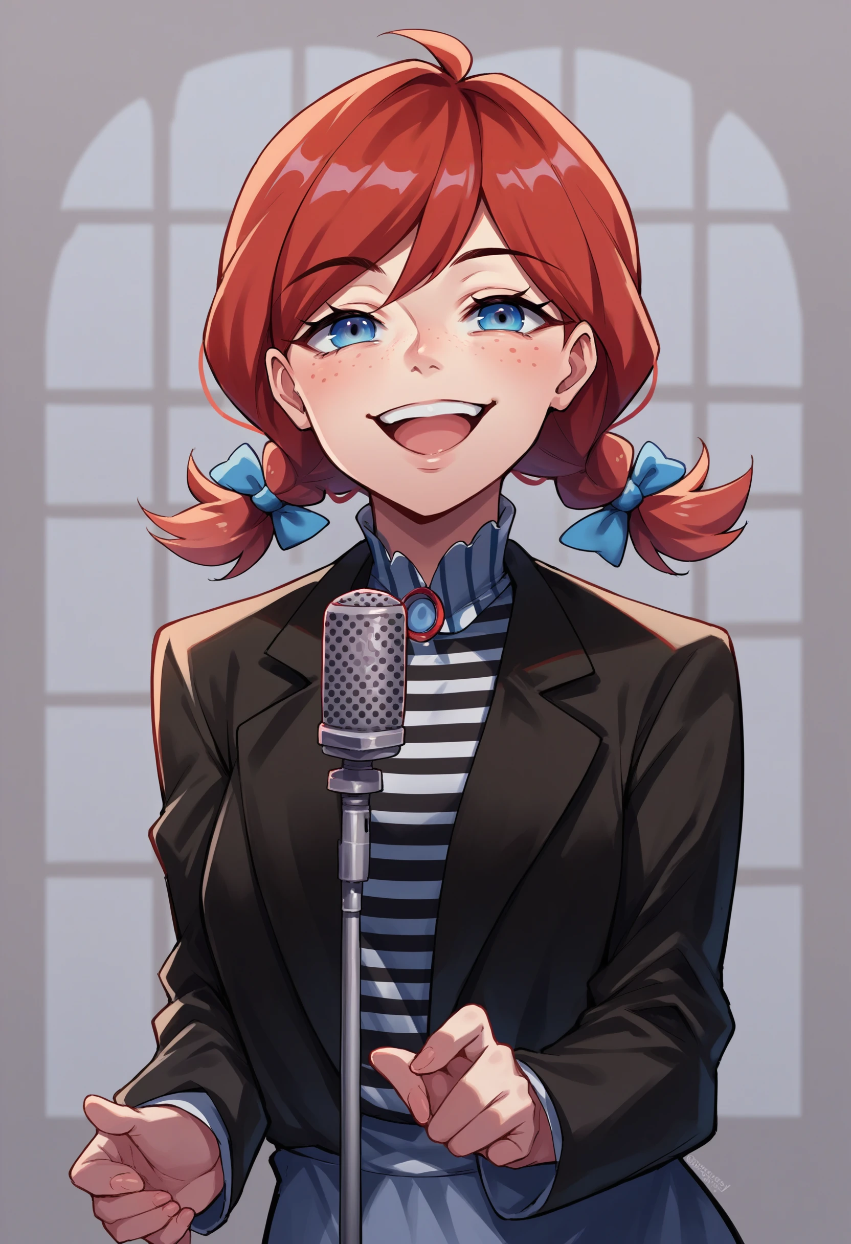 score_9, score_8_up, score_7_up, source_anime, 1girl, IncrsNeverGonnaGiveUUp, smile, looking at viewer, microphone stand, upper body, black jacket, striped shirt, open mouth, suit, <lora:NeverGonnaGiveYouUp_XLPD-000004:1>, wendy's, wendy \(wendy's\),