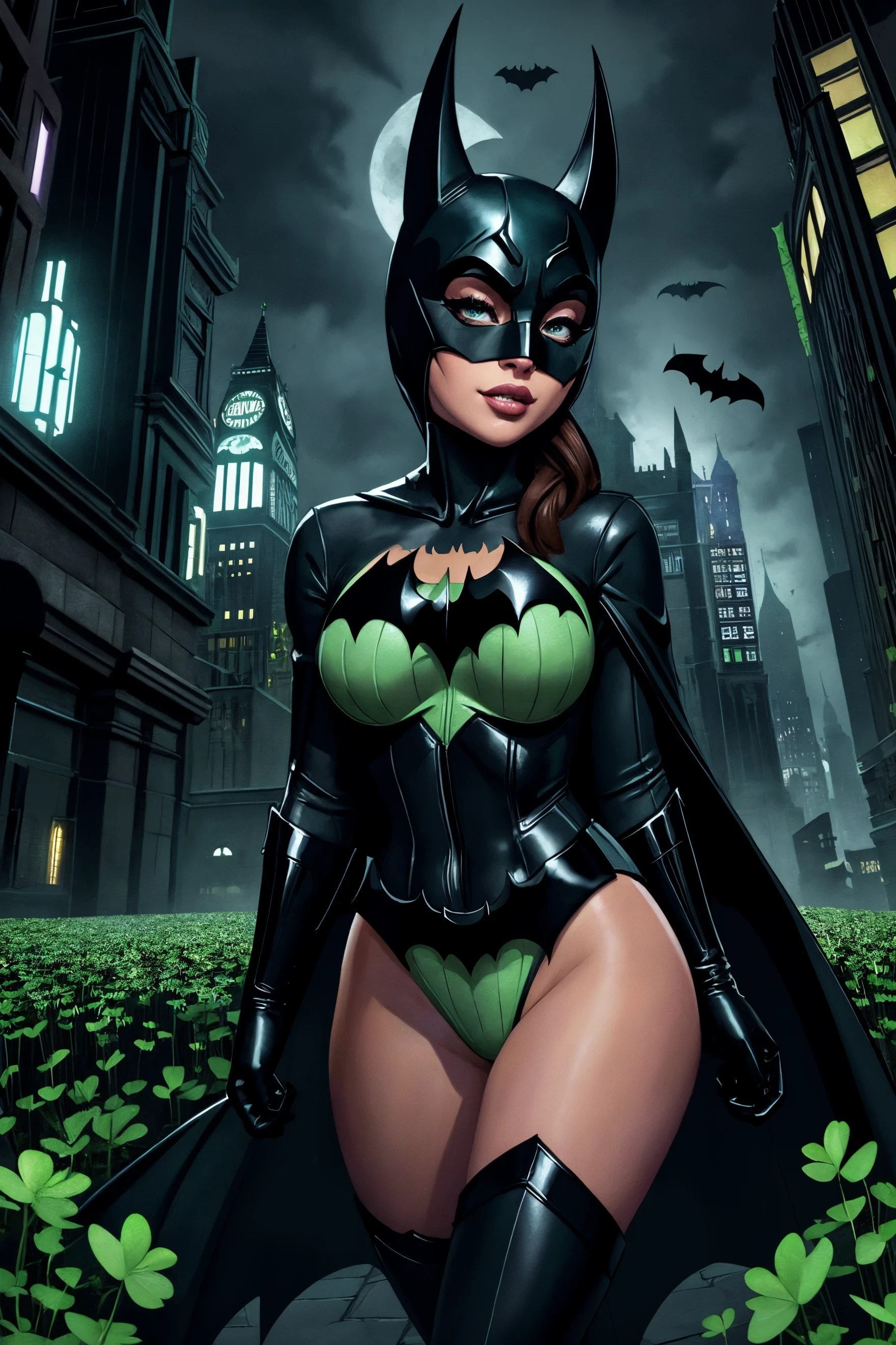 1girl in a Batman costume wearing a mask, nestled among clovers, Gotham city, dark city, dramatic cinematography, illustration, 3d, cartoon,
high resolution, high quality, detailed, masterpiece, hdr, sharp,
[Watercolor style],[ sassy style],
amazing, beautiful, breathtaking, astonishing, brilliant, incredible,